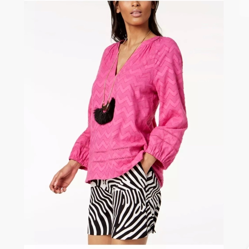TRINA TURK x I.N.C Pink Bon Bon Long Sleeve Chevon Patten Peasant Blouse SZM